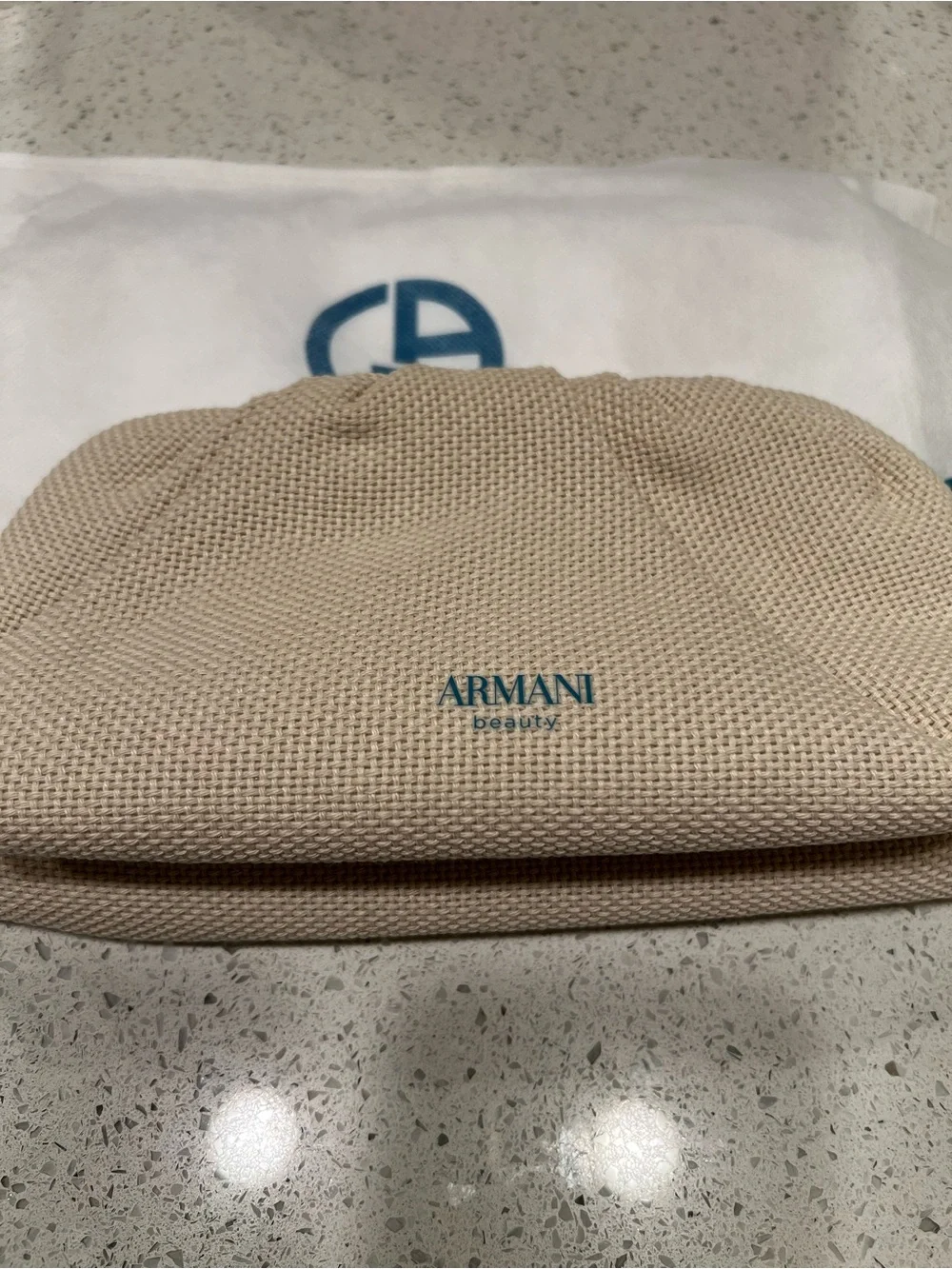 Giorgio Armani Beige Canvas Cosmetic Pouch with Blue Logo